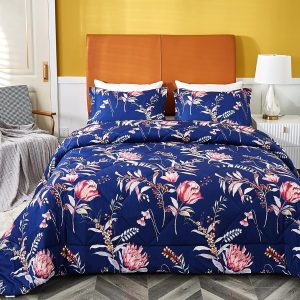 JSD Soft Navy Blue Floral Comforter Set King Size, 3 Piece A...