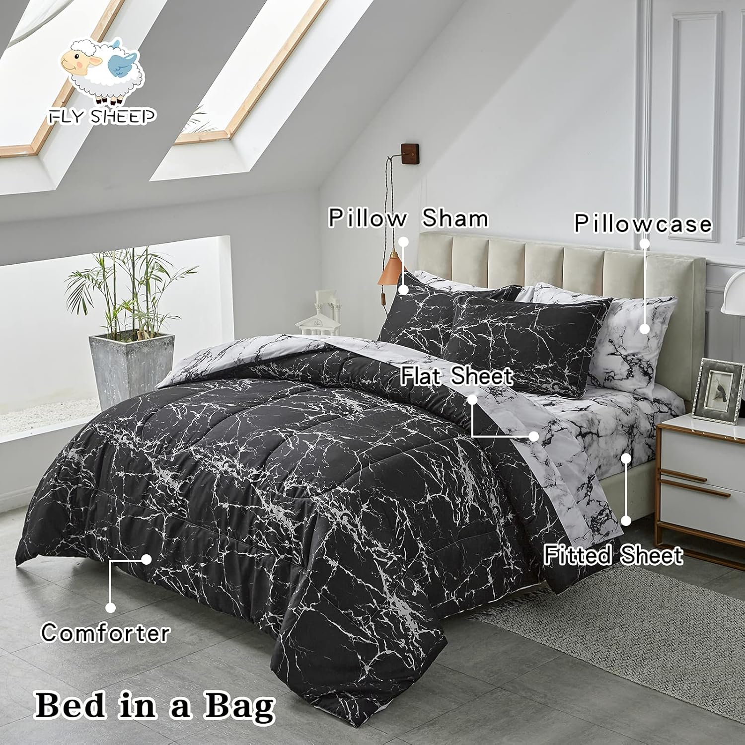 FlySheep White n Black Comforter Set, 7 Pieces Queen Bed in …