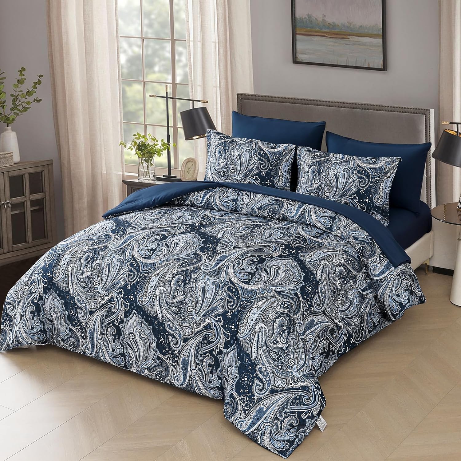 DJY Navy Paisley Comforter Set King Size 7 Piece Bed in a Ba…