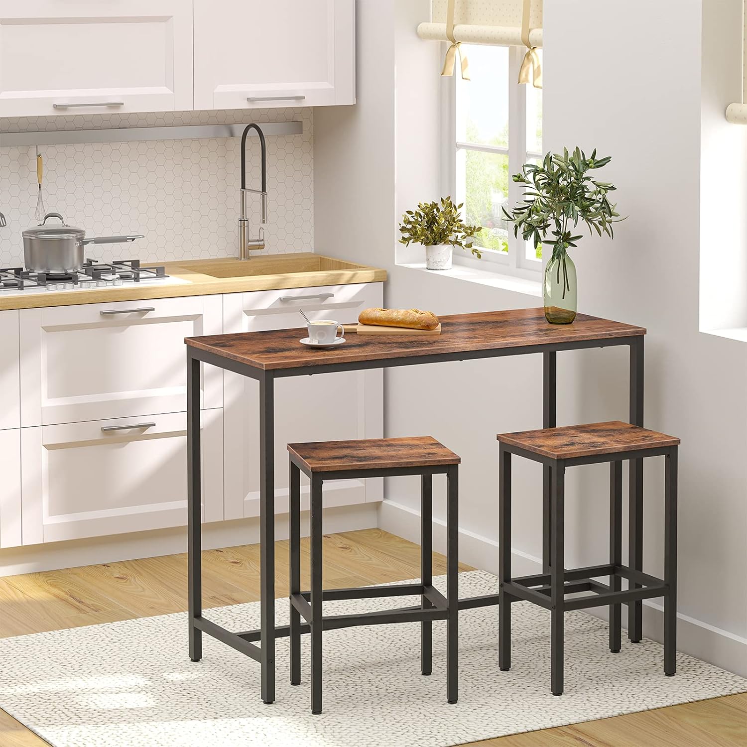 HOOBRO Bar Table and Chairs Set, 120 cm Rectangular Pub Bar …