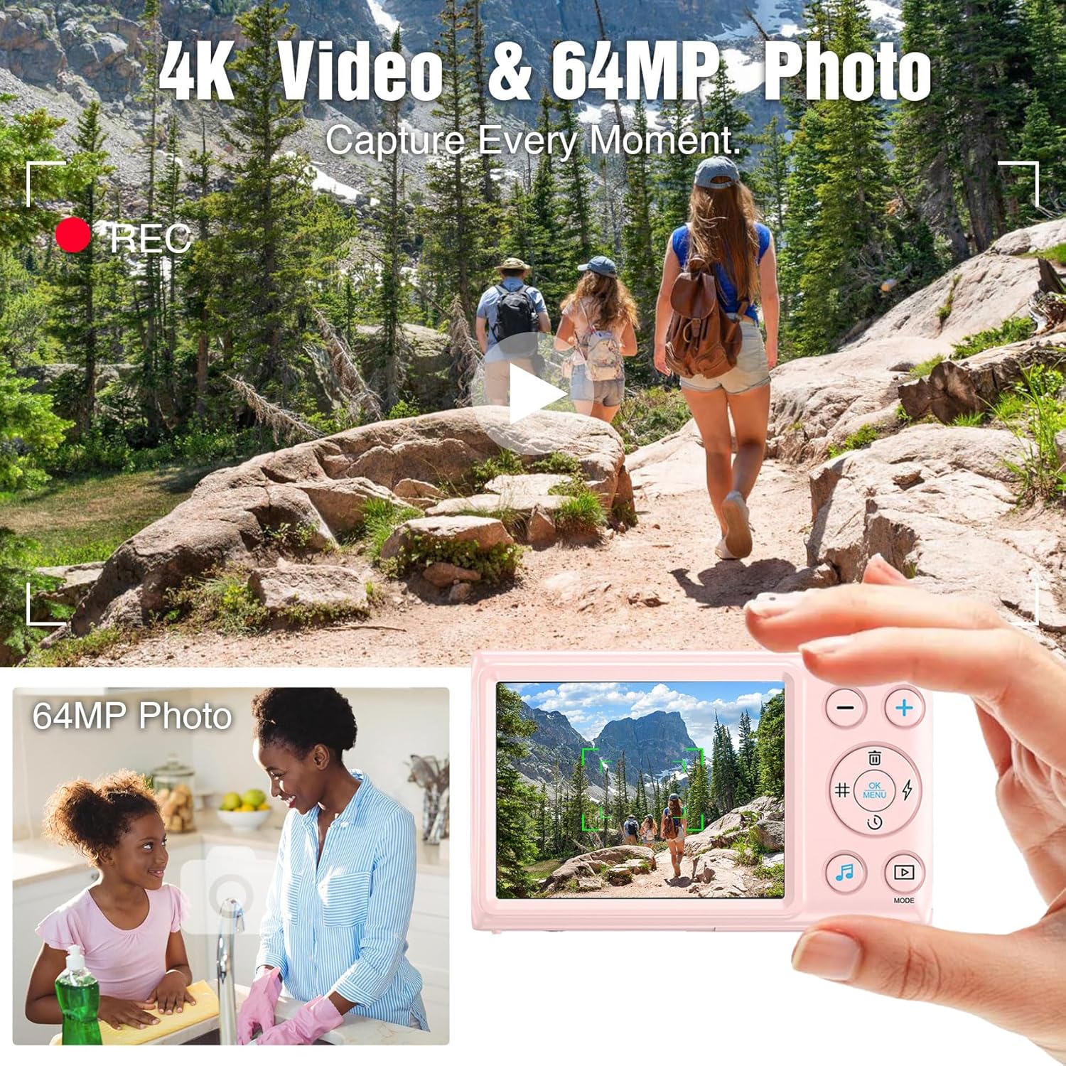 Digital Camera Pink, 4K Vlogging Camera, Vintage Camera, Aut…