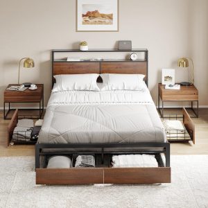 HAUSOURCE LED Bed Frame Full Size with Headboard & 4 Storage...