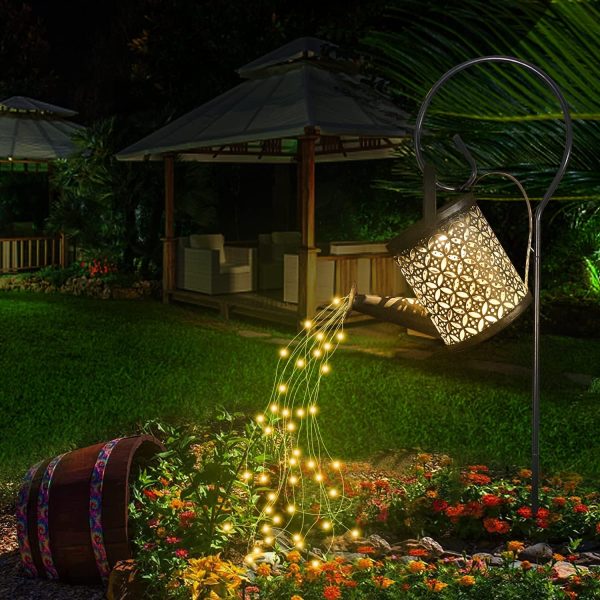 QOCNAM Solar Watering Can with Lights, Retro Metal Hanging S...