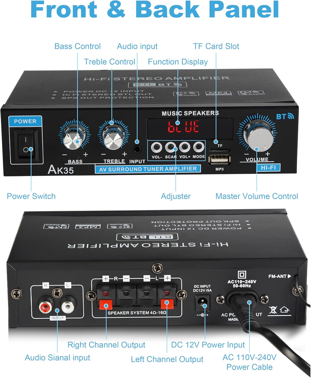 Stereo Audio Amplifier Bluetooth 5.0, 2.0 Channel Mini Stere…