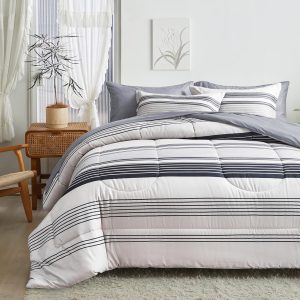 FlySheep 3 Pcs Gray Striped Boho Comforter Set Queen Size, G...