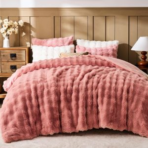 Lotus Karen Faux Fur Queen Comforter Set – Pink Fluffy Comfo...