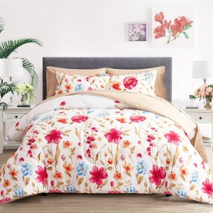 7 Piece Bed in a Bag Queen, Colorful Flower Golden Leaves Bo...
