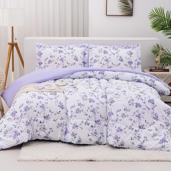 Mooreeke Floral Queen Size Comforter Sets, Lightweight Purpl...
